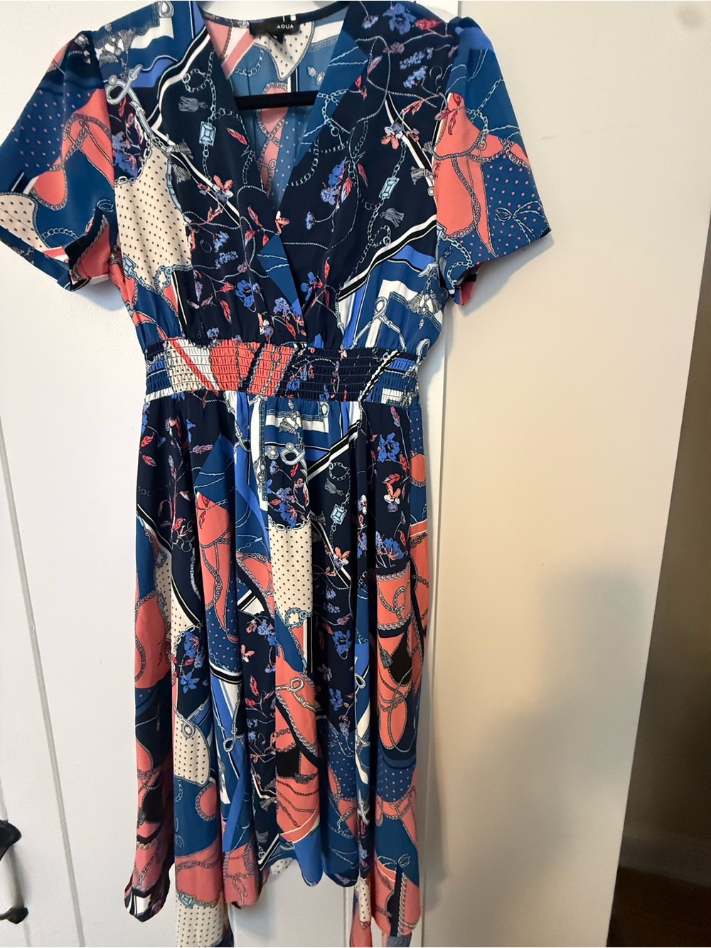 Aqua Navy & Coral Printed Midi Dress